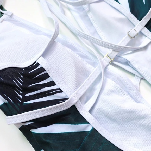 White Strappy Mesh Low Cut Palm Tropical Swimsuit - Picture 5 of 6